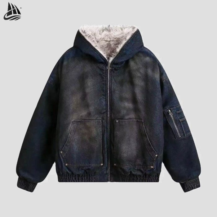 Custom Washed Denim Hooded Jacket Wholesale