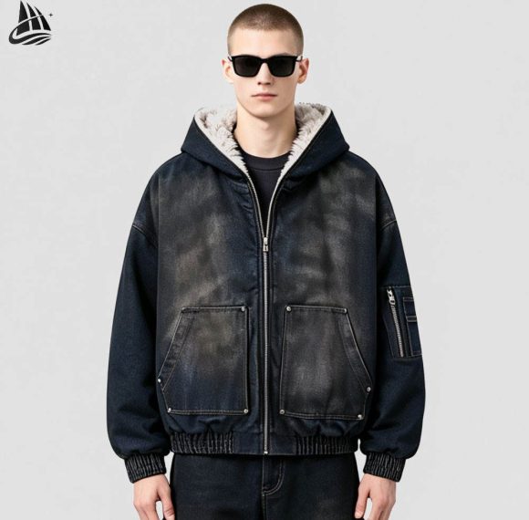 Custom Washed Denim Hooded Jacket Wholesale