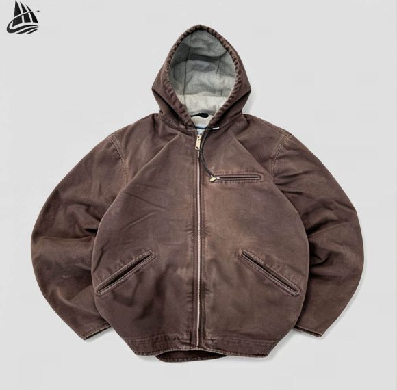 Custom Washed Brown Hooded Work Jacket Wholesale