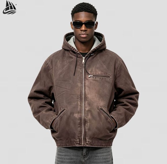 Custom Washed Brown Hooded Work Jacket Wholesale