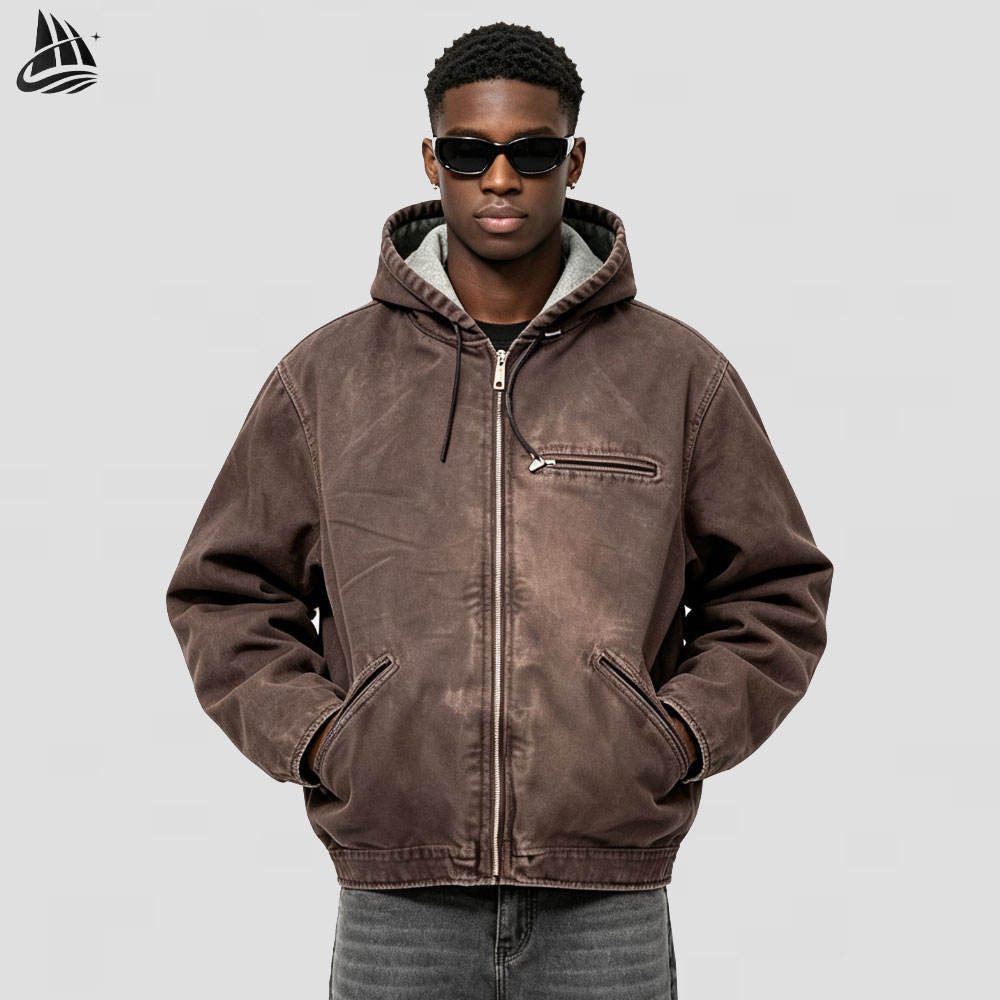 Custom Washed Brown Hooded Work Jacket Wholesale wholesale