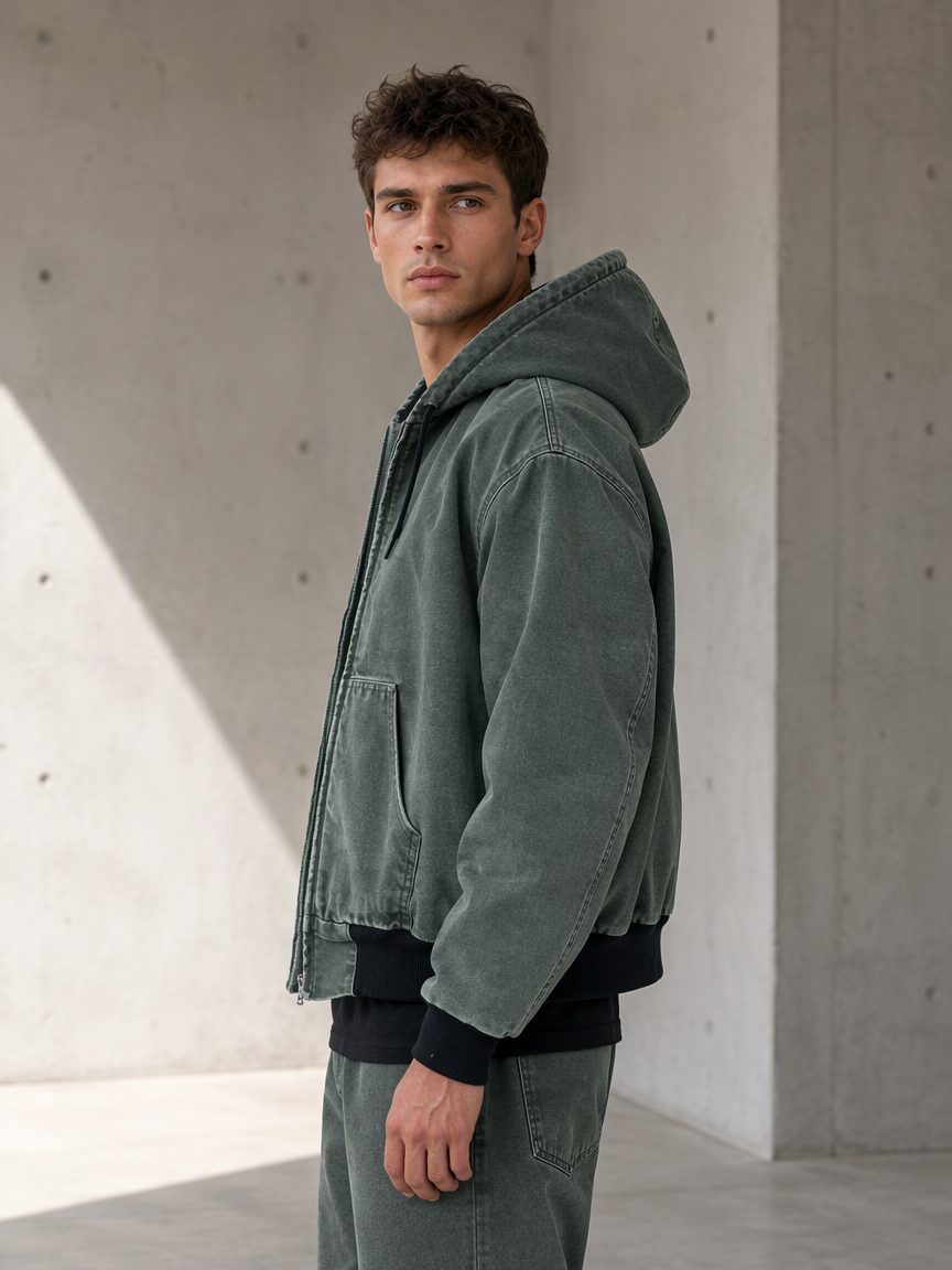 Custom workwear jacket sample checked for stitching and pocket placement
