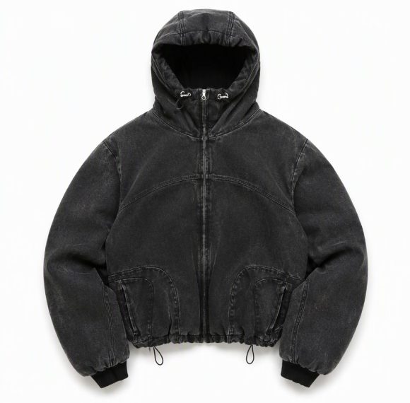 Custom Washed Black Hooded Jacket Wholesale