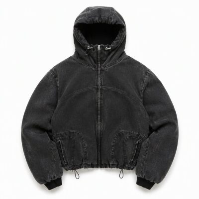 Custom Washed Black Hooded Jacket Wholesale