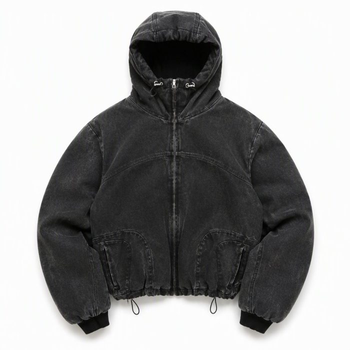 Custom Washed Black Hooded Jacket Wholesale