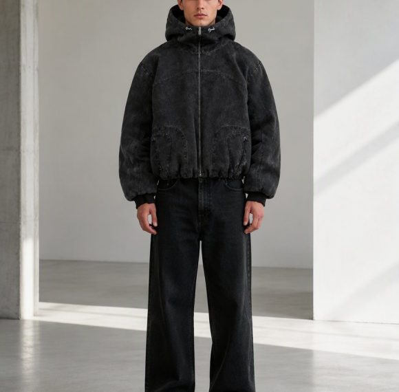 Custom Washed Black Hooded Jacket Wholesale