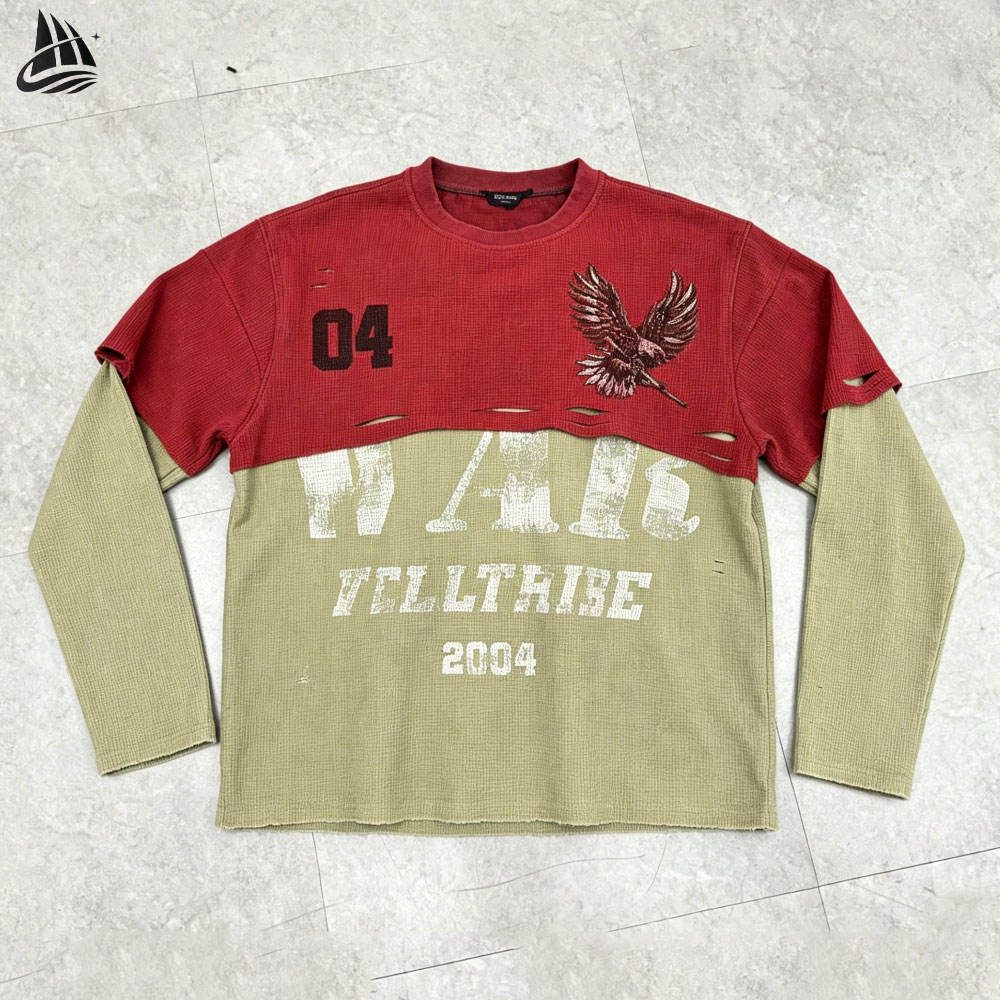 Custom Color-Block Distressed Long Sleeve T-Shirt from the INFULLSAIL streetwear range