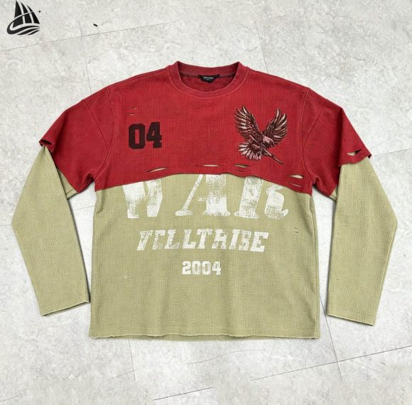Custom Color-Block Distressed Long Sleeve T-Shirt Wholesale