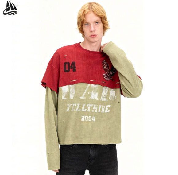 Custom Color-Block Distressed Long Sleeve T-Shirt Wholesale