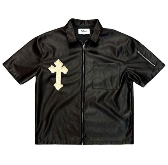 Custom Faux Leather Short Sleeve Zip Shirt Wholesale