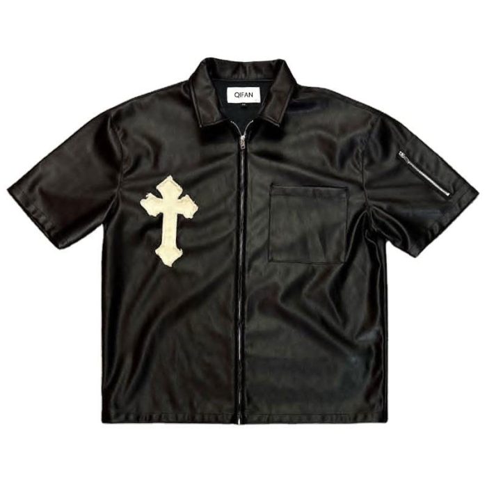 Custom Faux Leather Short Sleeve Zip Shirt Wholesale