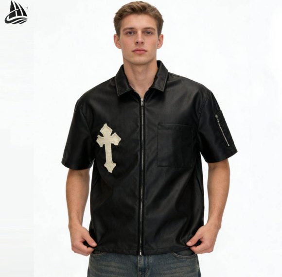 Custom Faux Leather Short Sleeve Zip Shirt Wholesale