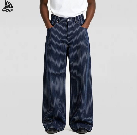 Custom Navy Pinstripe Wide Leg Pants Wholesale