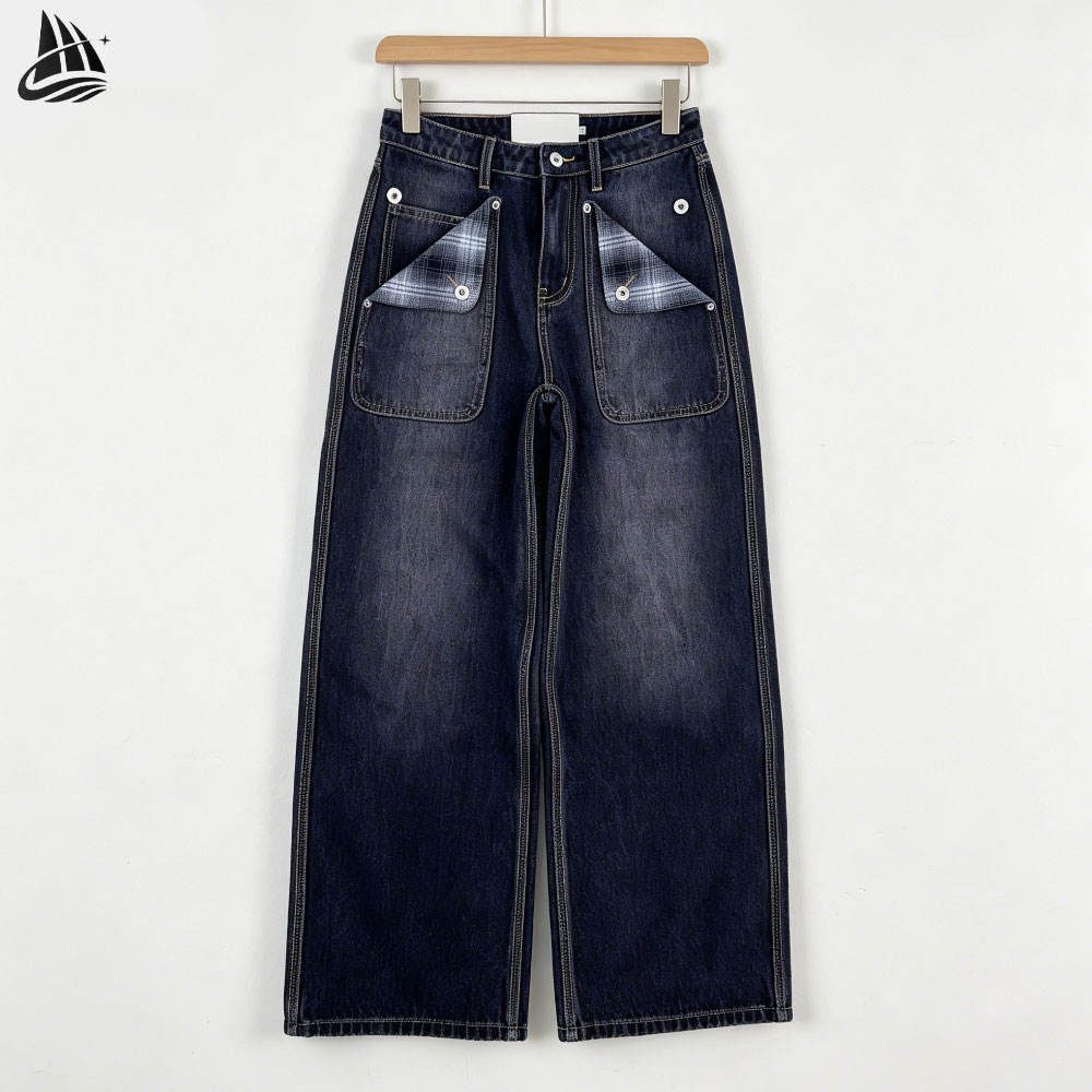 Custom Plaid Pocket Wide Leg Jeans from the INFULLSAIL streetwear range