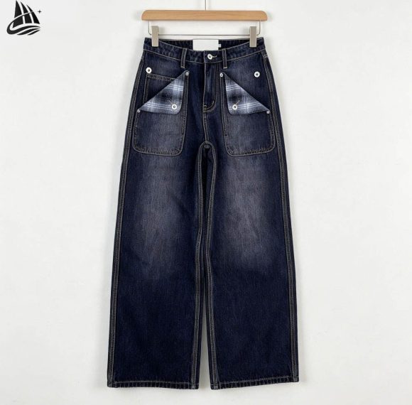 Custom Plaid Pocket Wide Leg Jeans Wholesale