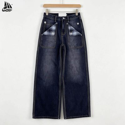 Custom Plaid Pocket Wide Leg Jeans Wholesale