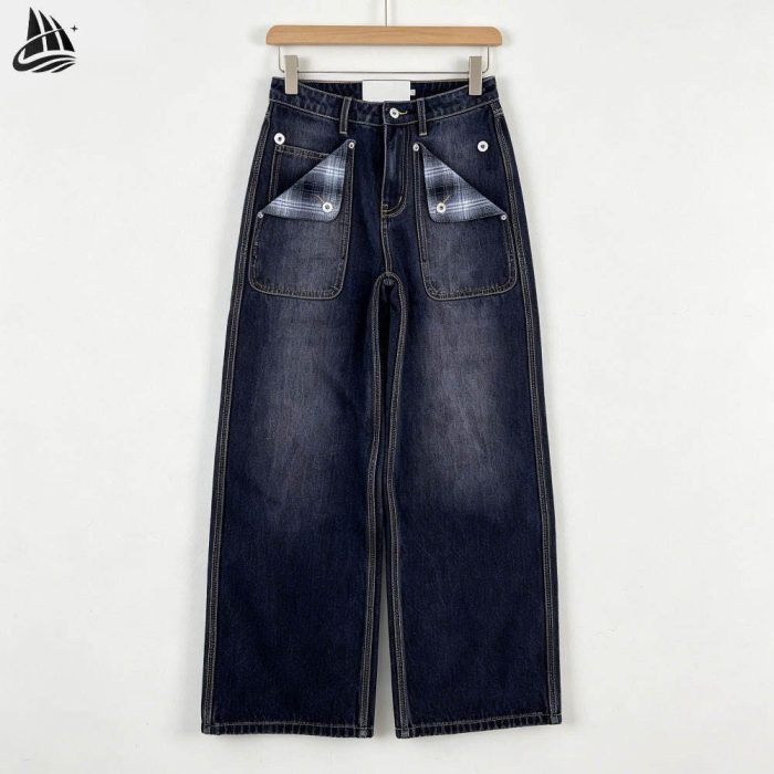 Custom Plaid Pocket Wide Leg Jeans Wholesale