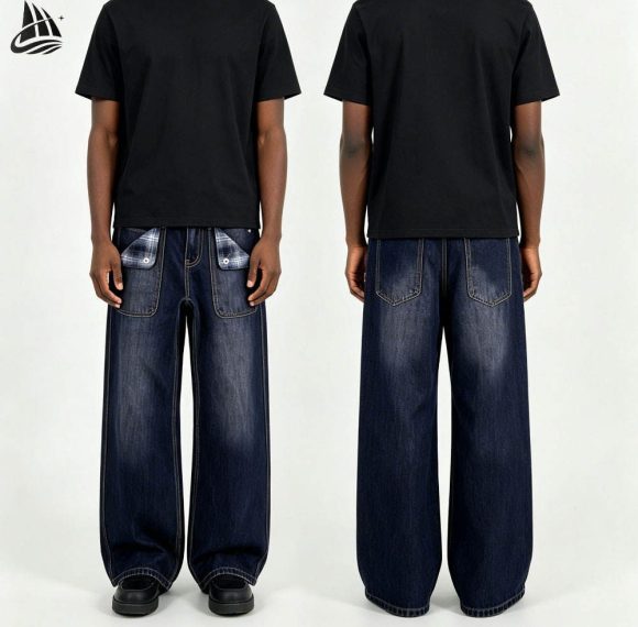 Custom Plaid Pocket Wide Leg Jeans Wholesale