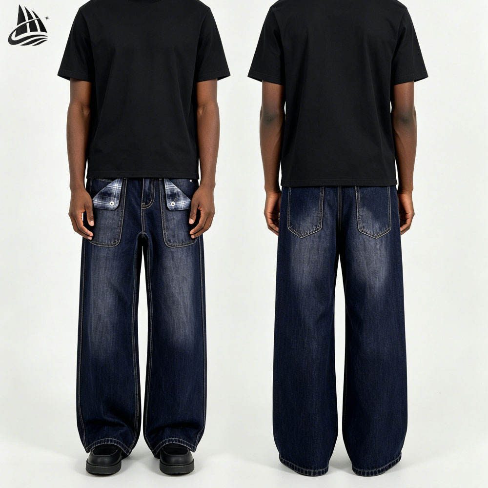 Custom Plaid Pocket Wide Leg Jeans Wholesale wholesale