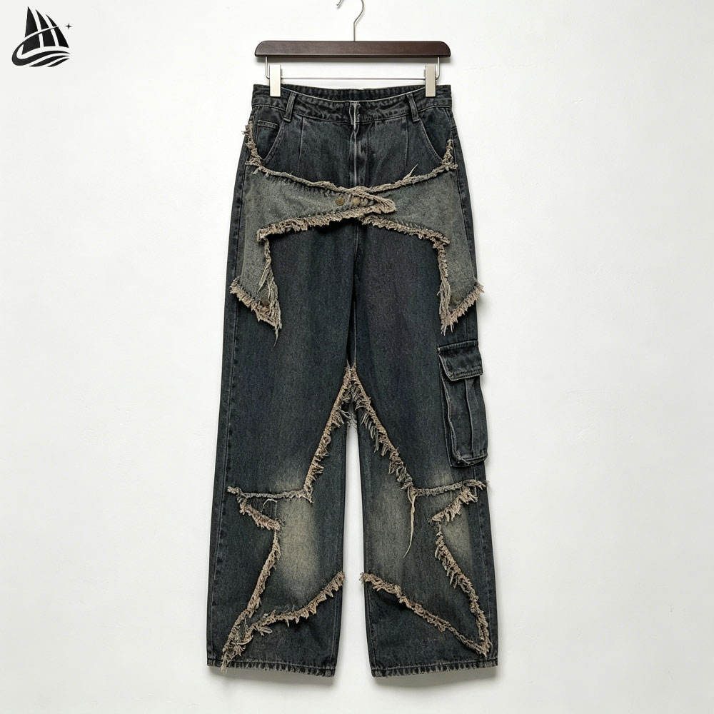 Custom deconstructed frayed wide leg jeans manufactured by INFULLSAIL