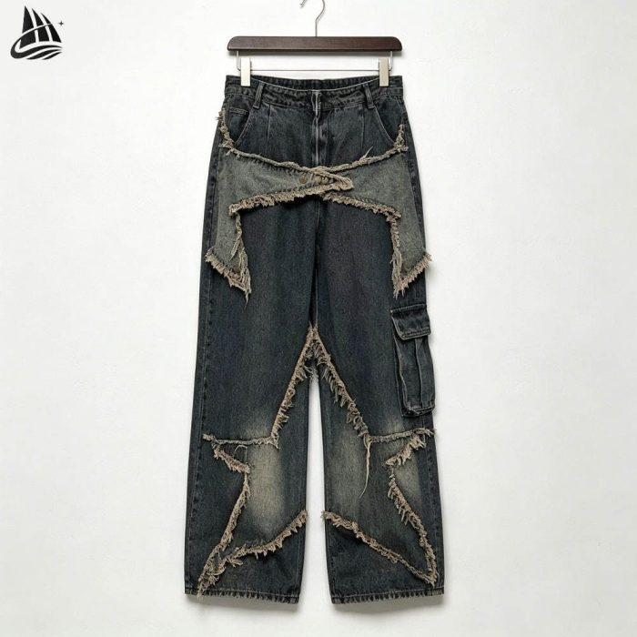 Custom Deconstructed Frayed Wide Leg Jeans Wholesale