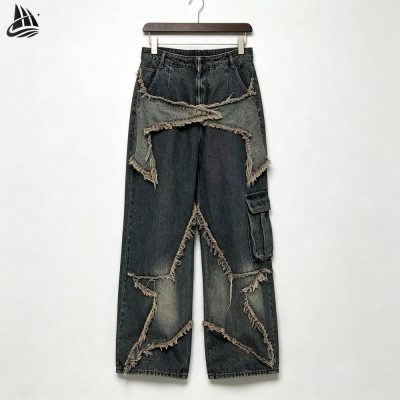 Custom Deconstructed Frayed Wide Leg Jeans Wholesale