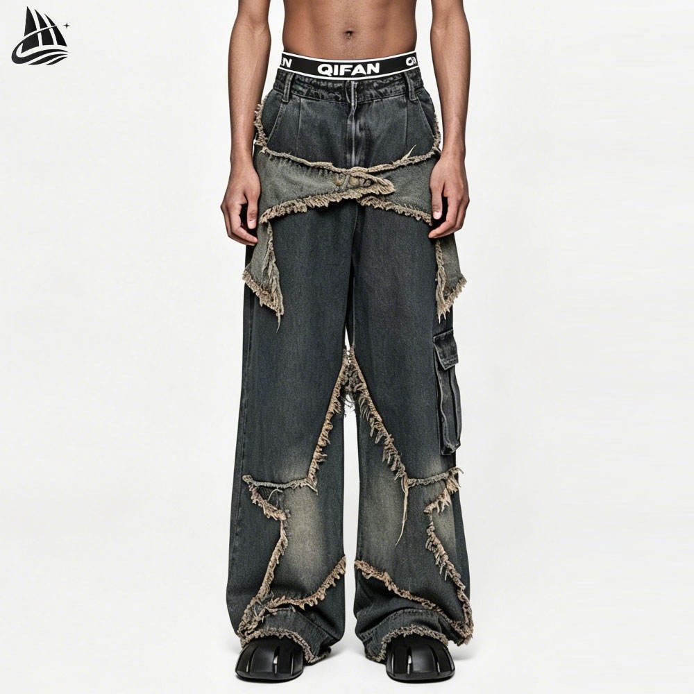 Custom Deconstructed Frayed Wide Leg Jeans Wholesale wholesale