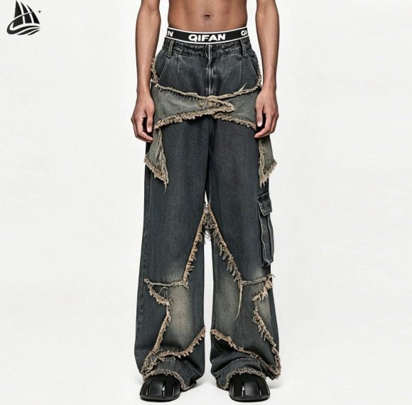 Custom Deconstructed Frayed Wide Leg Jeans Wholesale
