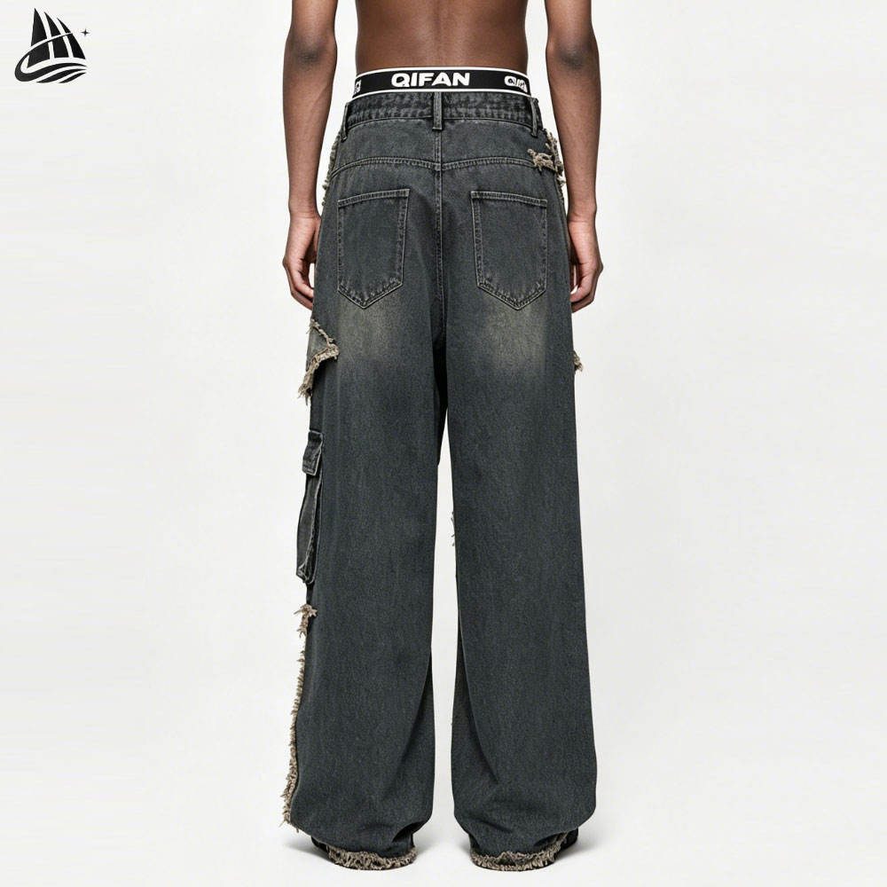Custom Deconstructed Frayed Wide Leg Jeans from the INFULLSAIL streetwear range