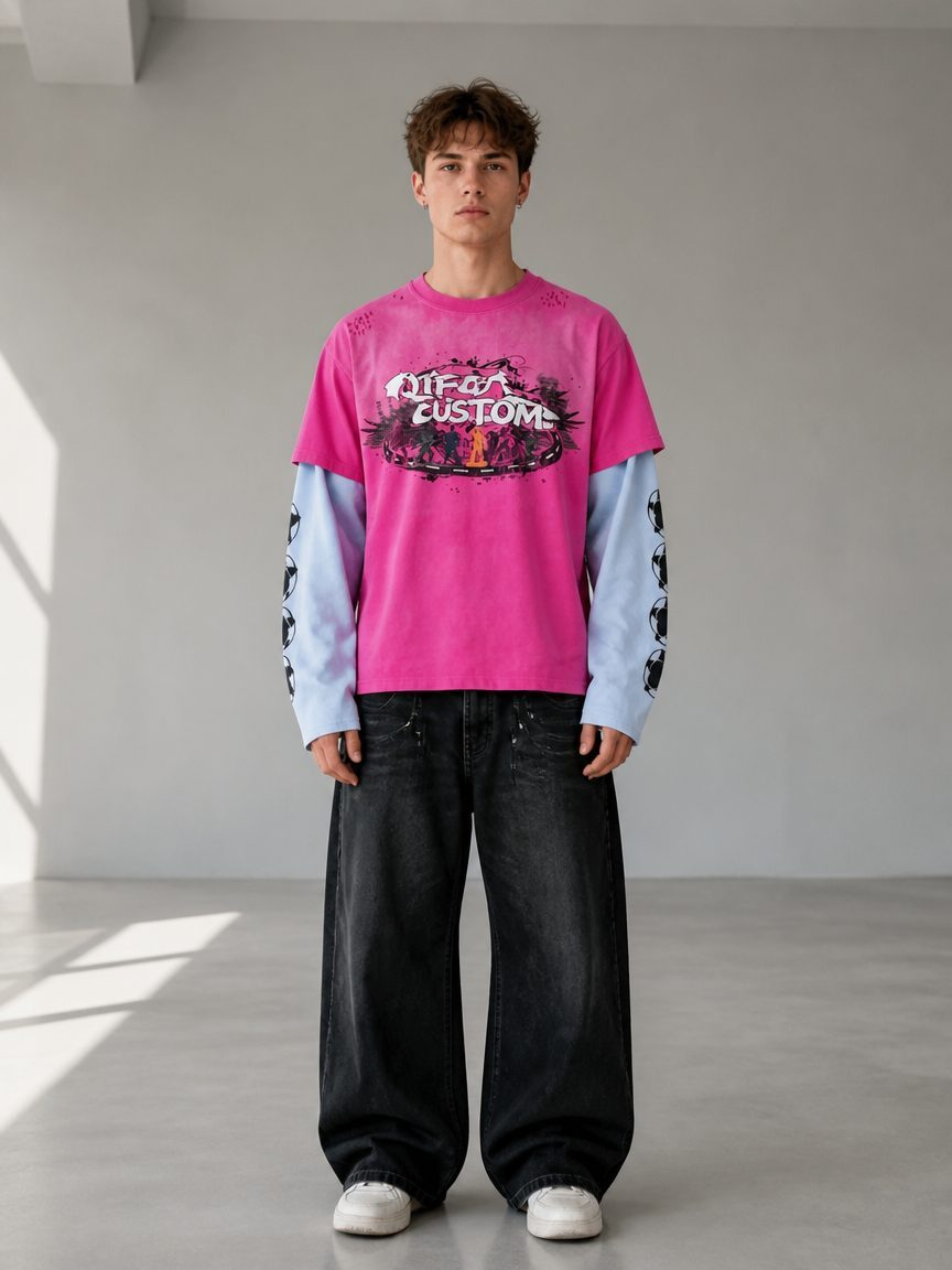 Custom Color-Block Mock Layer Long Sleeve Tee Wholesale wholesale