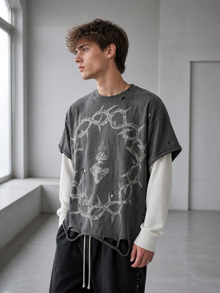Custom Distressed Mock Layer T-Shirt from the INFULLSAIL streetwear range