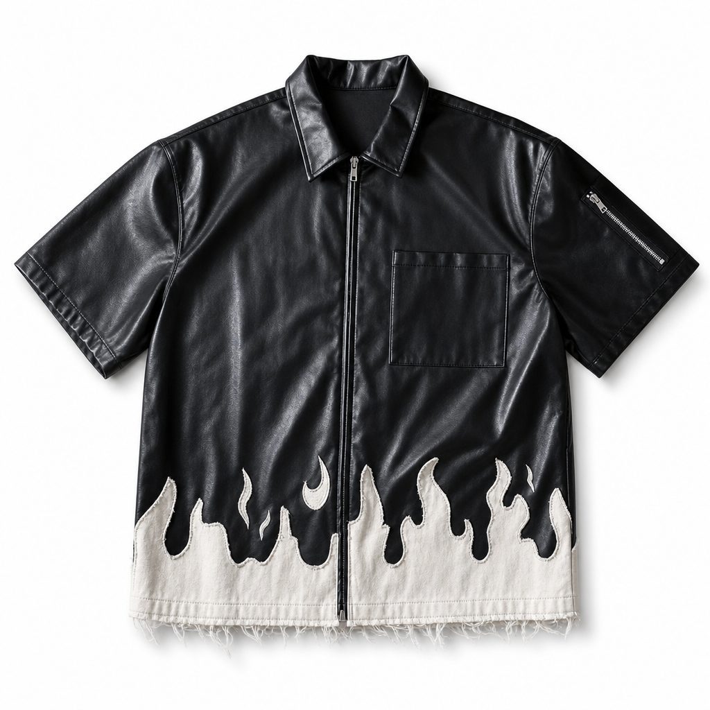 Custom Flame Hem Faux Leather Shirt Wholesale wholesale