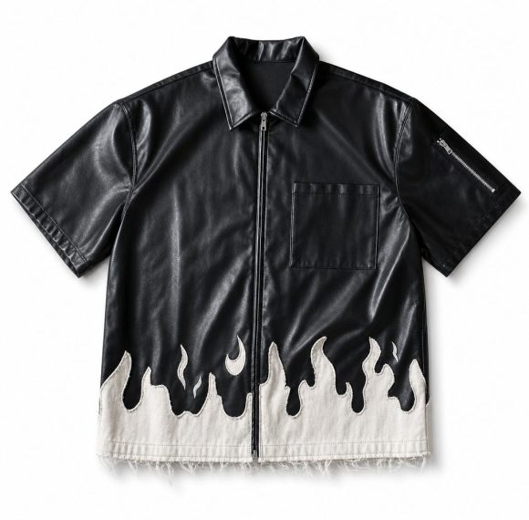 Custom Flame Hem Faux Leather Shirt Wholesale