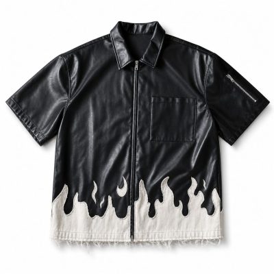 Custom Flame Hem Faux Leather Shirt Wholesale