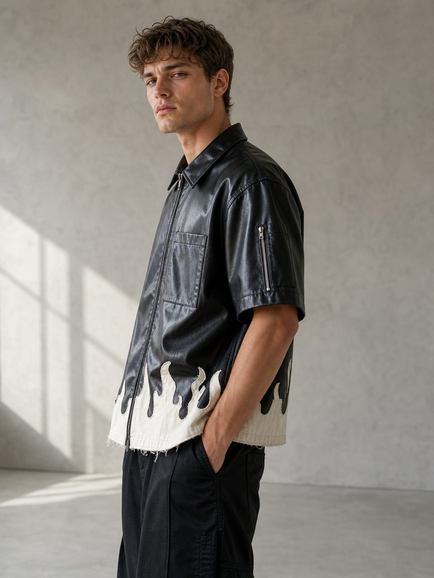 Custom Flame Hem Faux Leather Shirt Wholesale wholesale