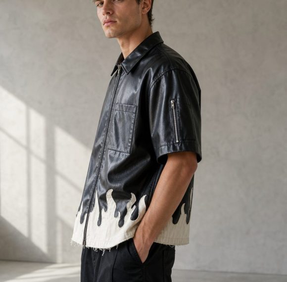 Custom Flame Hem Faux Leather Shirt Wholesale