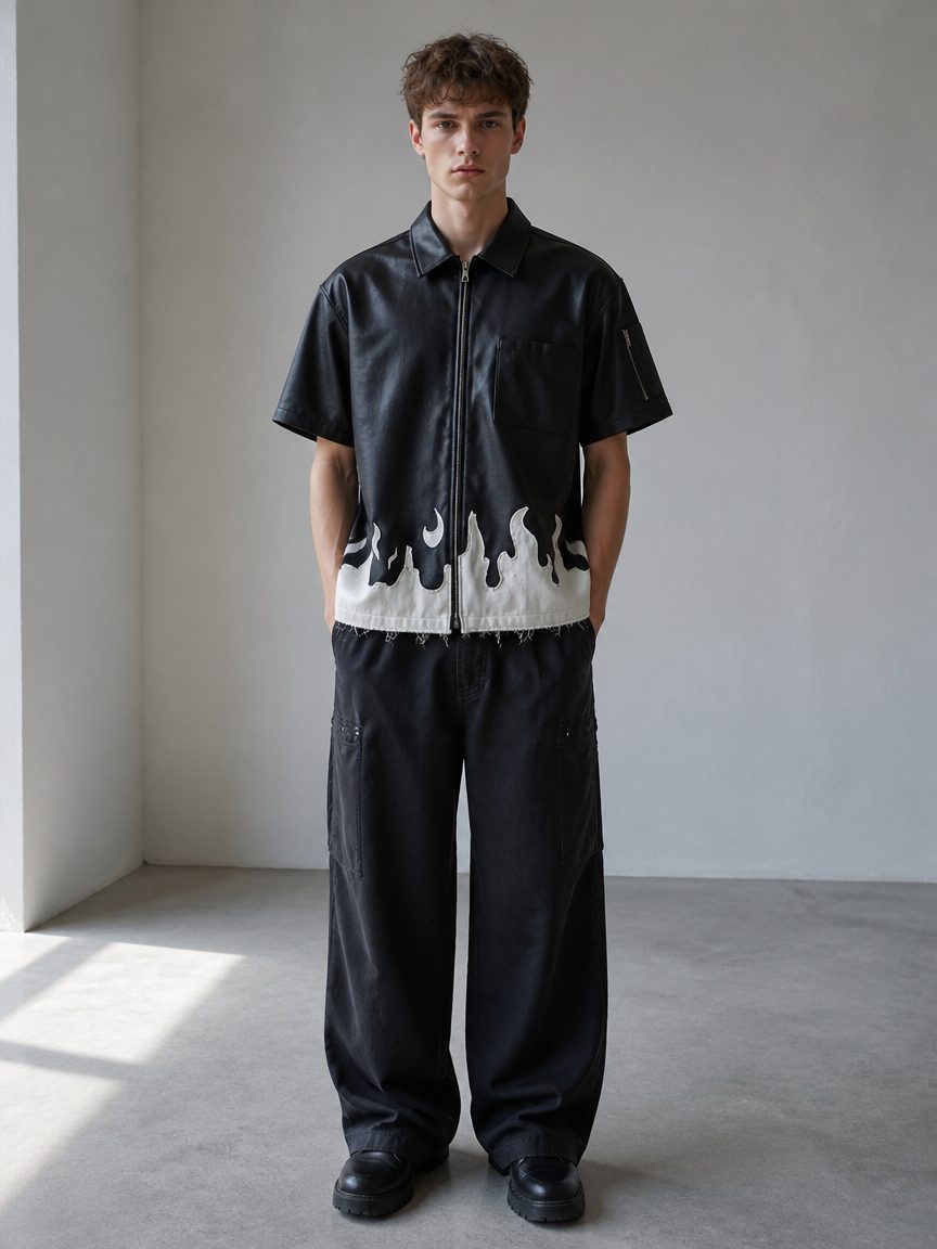 Custom Flame Hem Faux Leather Shirt from the INFULLSAIL streetwear range