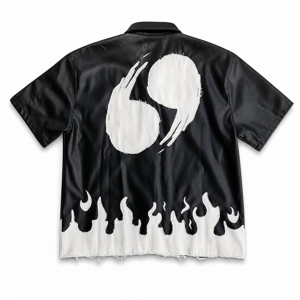Custom Flame Hem Faux Leather Shirt from the INFULLSAIL streetwear range