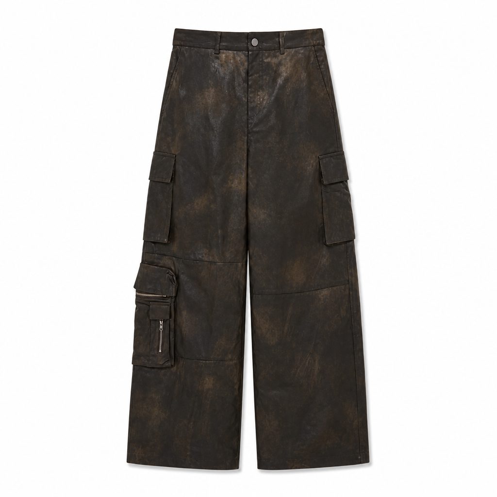 Custom Washed Faux Leather Cargo Pants from the INFULLSAIL streetwear range