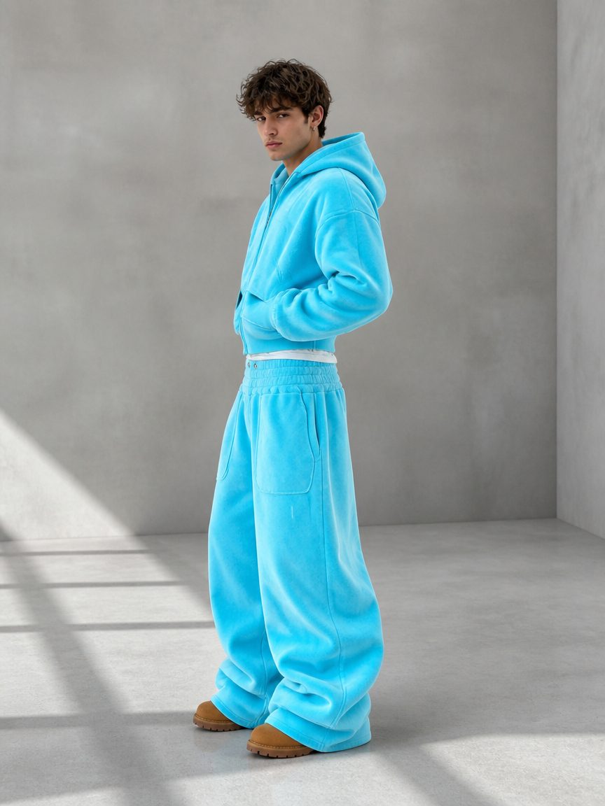 Custom faux suede cropped tracksuit set manufactured by INFULLSAIL