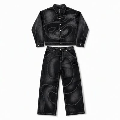 Custom Washed Denim Jacket and Pants Set Wholesale