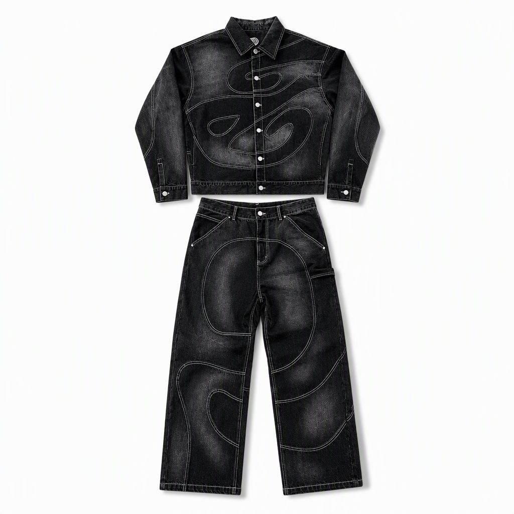 Custom Washed Denim Jacket and Pants Set Wholesale wholesale