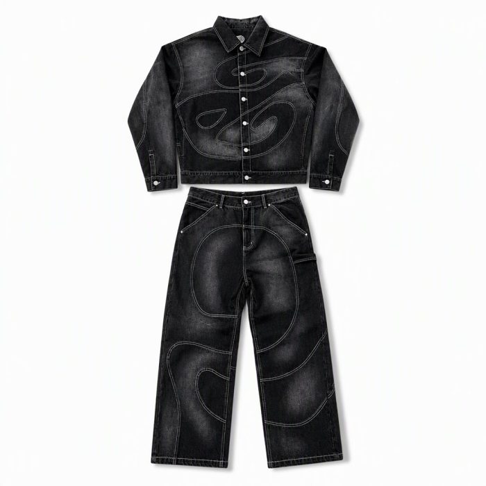 Custom Washed Denim Jacket and Pants Set Wholesale