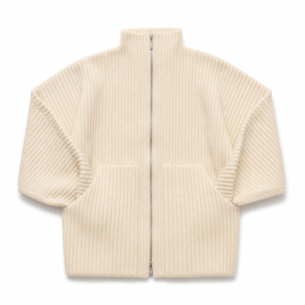 Custom rib knit zip cardigan produced for a streetwear collection
