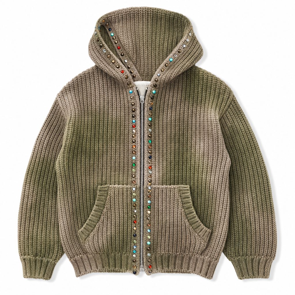 Custom beaded knit hooded cardigan produced after sample approval