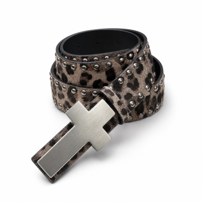 Custom Leopard Print Belt with Cross Buckle and Rivets