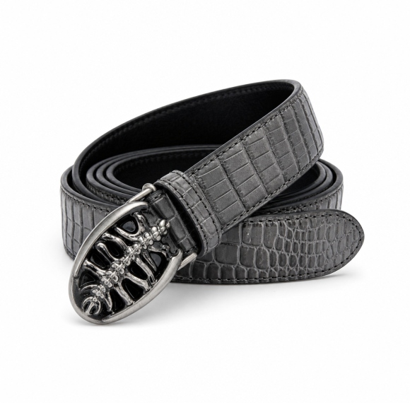 Custom Crocodile Embossed Belt with Skull Buckle