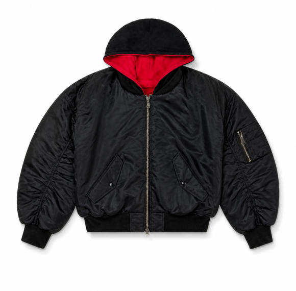 Custom Reversible Black Red Hooded Bomber Jacket Wholesale