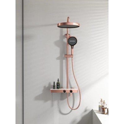 Rose Gold Three-Function Exposed Shower System with Storage Shelf for Hotels
