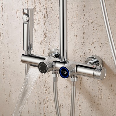 Chrome 4-Way Exposed Thermostatic Shower System Supplier with Digital Temperature Display